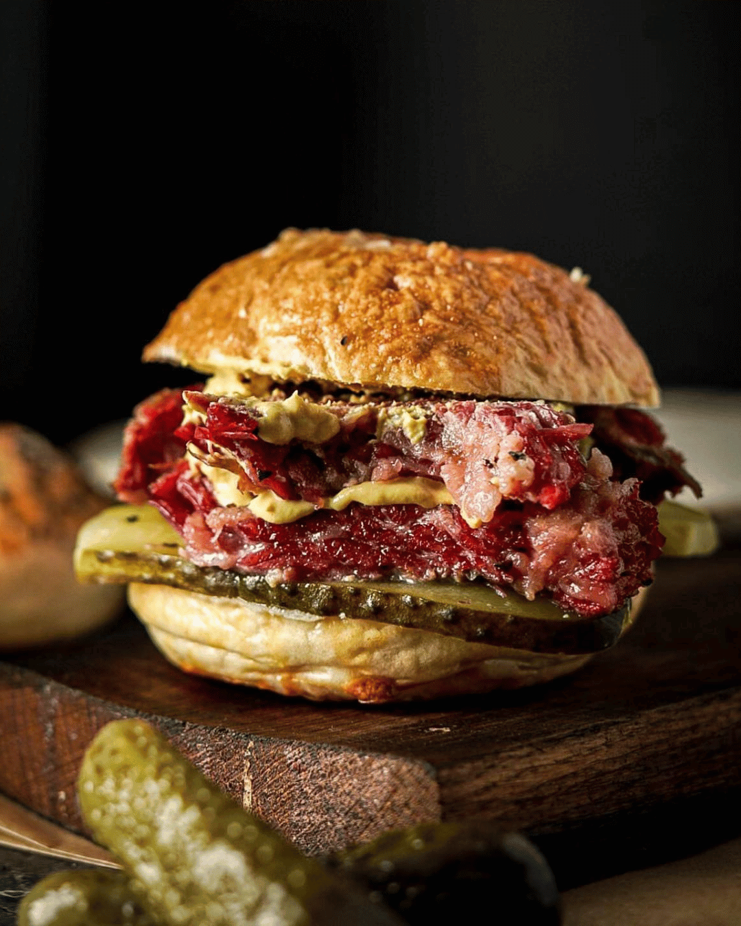 Wagyu Pastrami Burger, saftiger Burger, auf Holzbrett serviert, Wagyu aus dem Sauerland