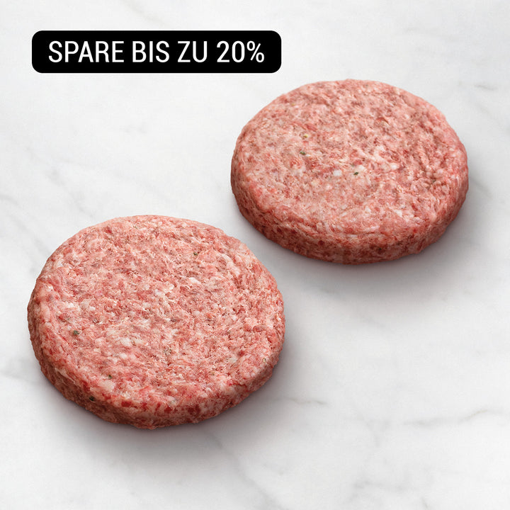 Dry Aged Wagyu Burger Patty, testsieger-fleisch - Wagyu Burger, Wagyu Patties auf weißem Hintergrund, wagyu rind, perfekte burger patties, patties für burger, burger patties tiefgefroren