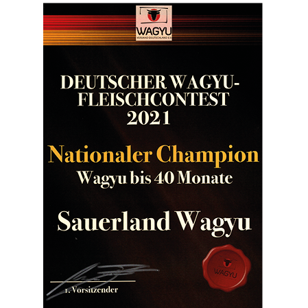 Deutscher Wagyu Fleischcontest 2021, Natinaler Champion, Wagyu bis 40 Monate, Wagyu Sauerland
